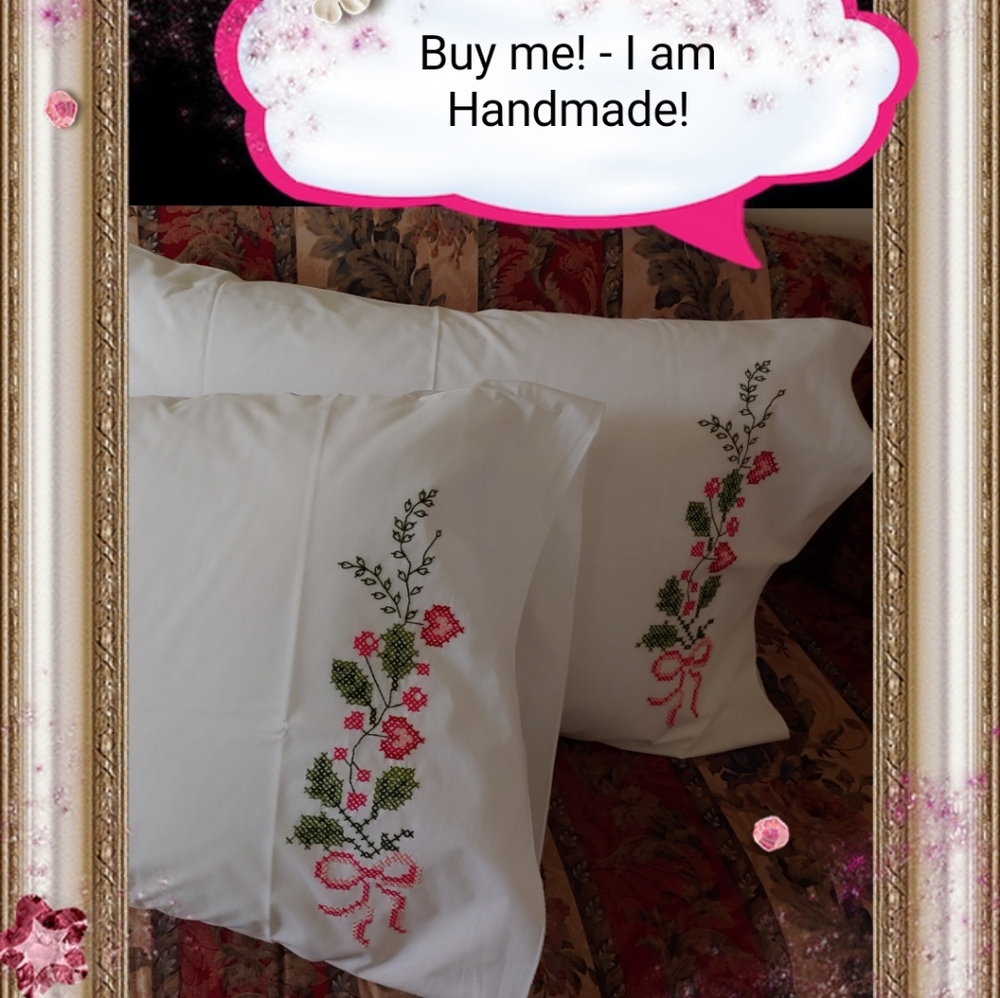 Handmade pair ribbon pillowcases rare!